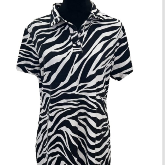 IBKUL Animal Print Collar Short Sleeve Dress White/Black Golf Zebra SZL UPF 50+ - Picture 1 of 9
